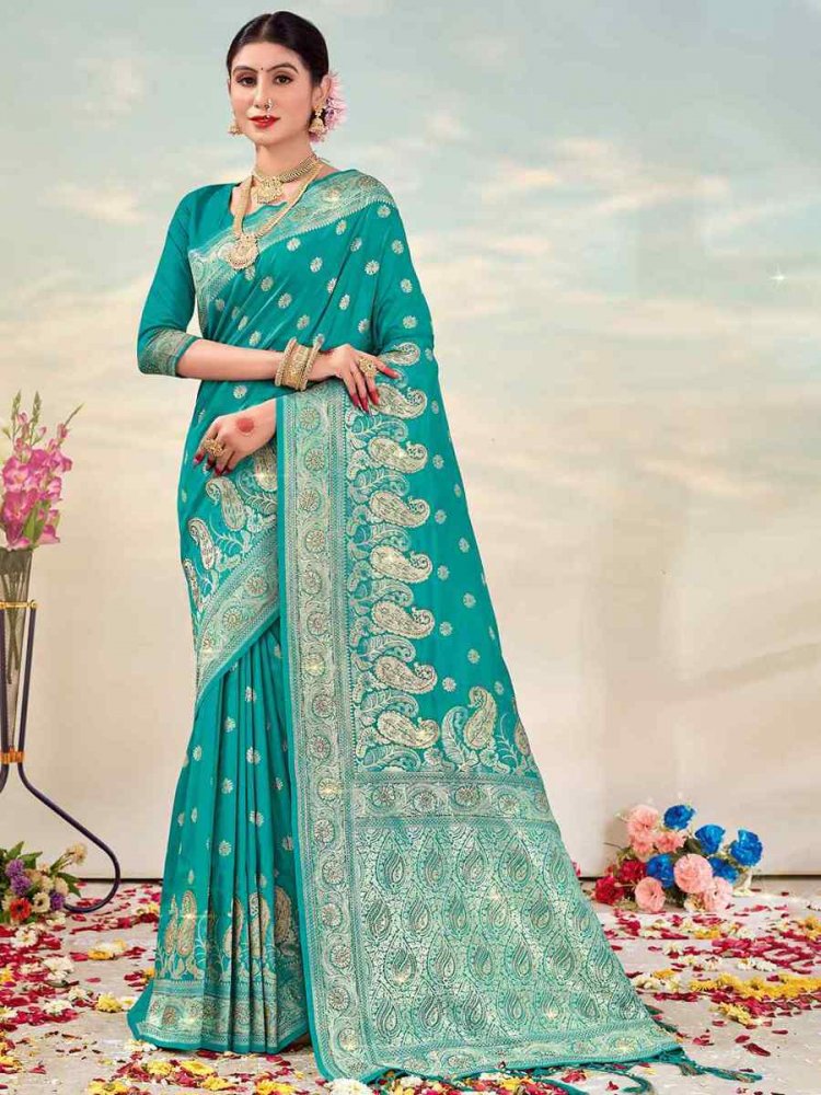 Turquoise Banarasi Silk Handwoven Wedding Festival Heavy Border Saree
