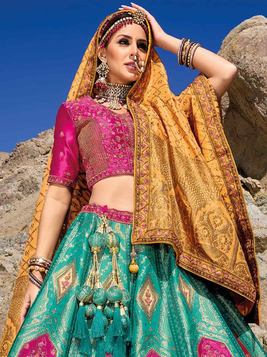 Turquoise Banarasi Silk Jacquard Embroidered Bridal Wedding Heavy Border Lehenga Choli