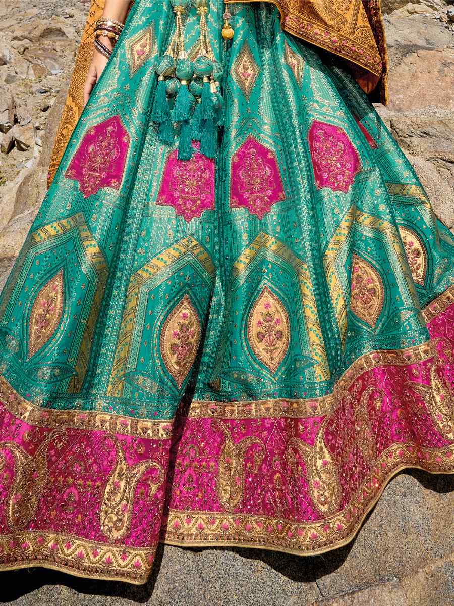 Turquoise Banarasi Silk Jacquard Embroidered Bridal Wedding Heavy Border Lehenga Choli