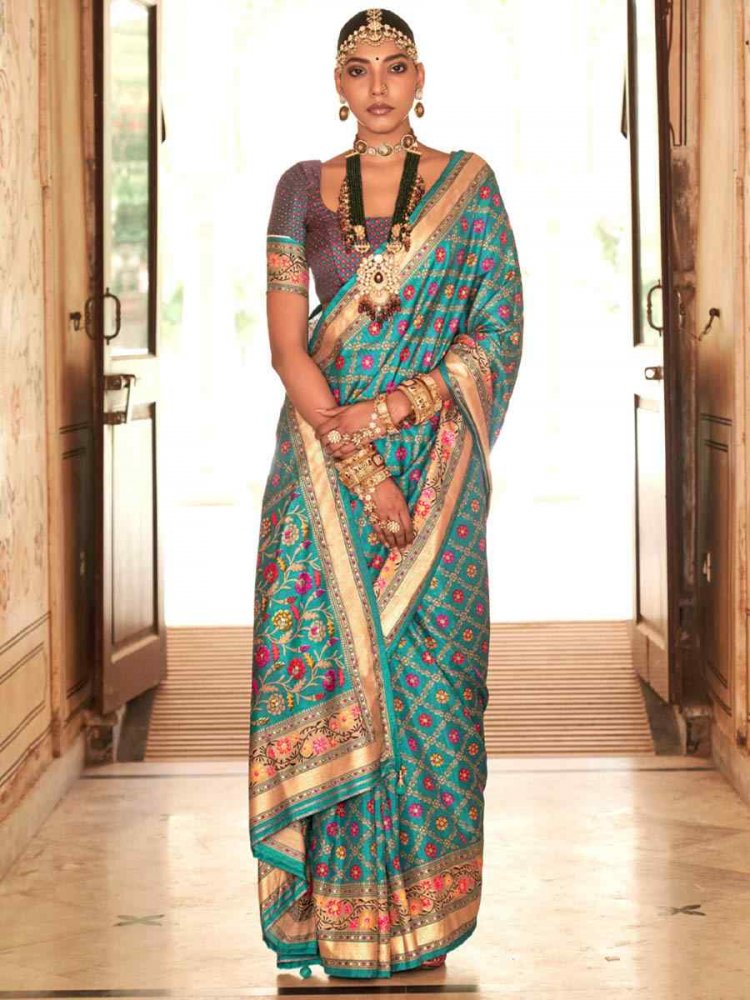 Turquoise Banarasi Silk Printed Casual Festival Contemporary Saree