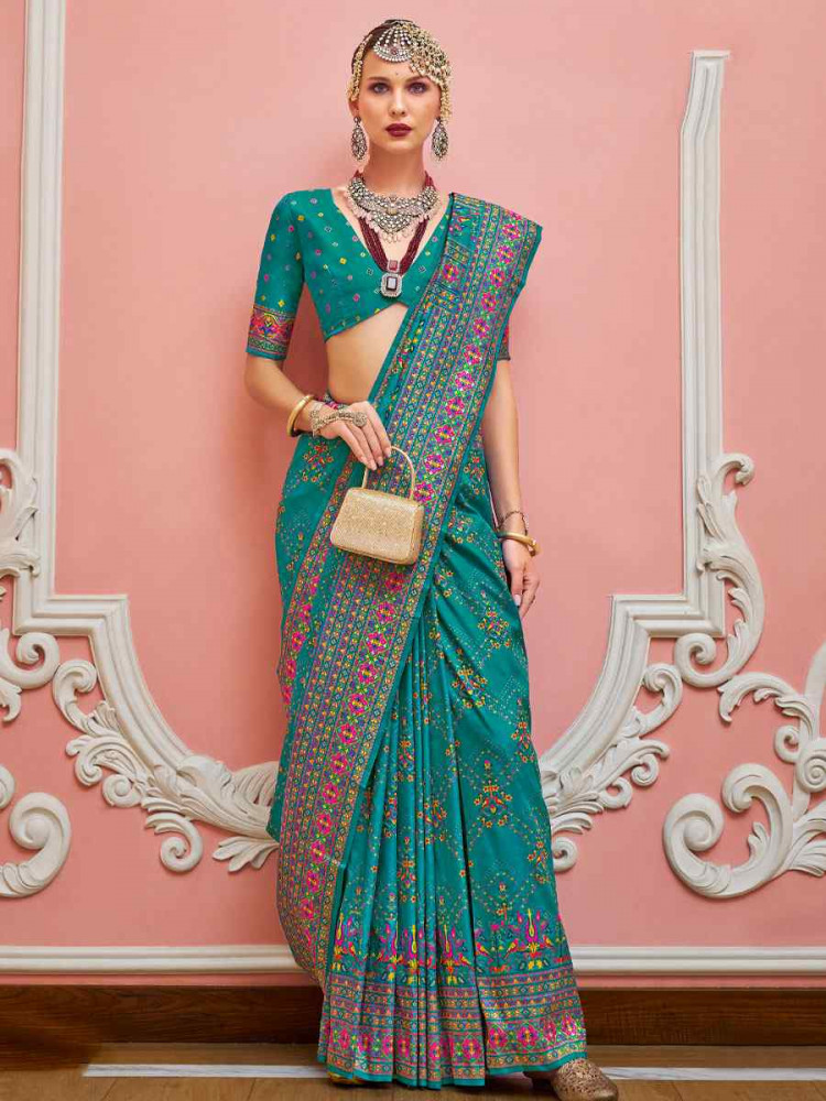 Image of Turquoise Banarasi Silk Zari Handwoven Casual Reception Festival Wedding Fancy Classic Style Sarees