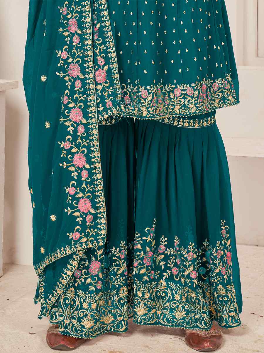 Turquoise Blooming Faux Georgatte Embroidered Festival Wedding Sharara Pant Salwar Kameez