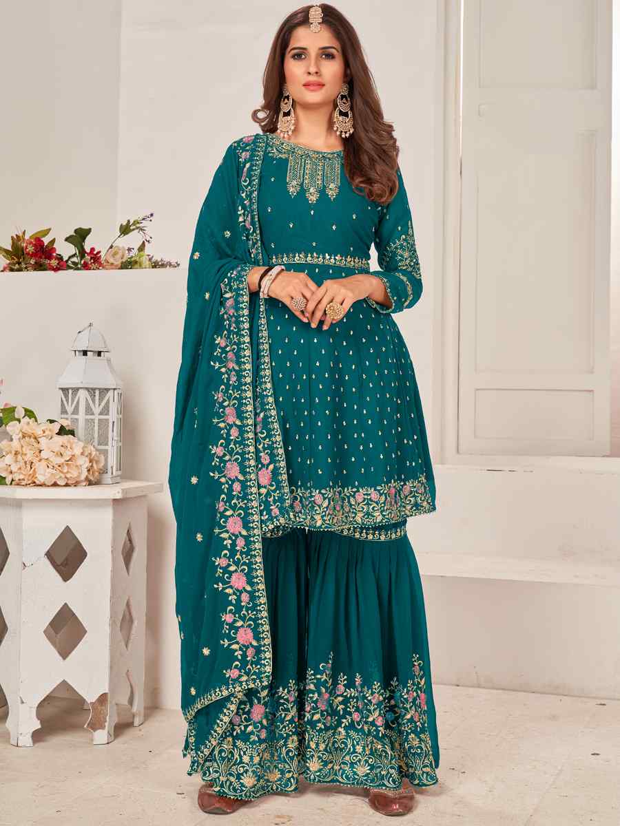 Turquoise Blooming Faux Georgatte Embroidered Festival Wedding Sharara Pant Salwar Kameez
