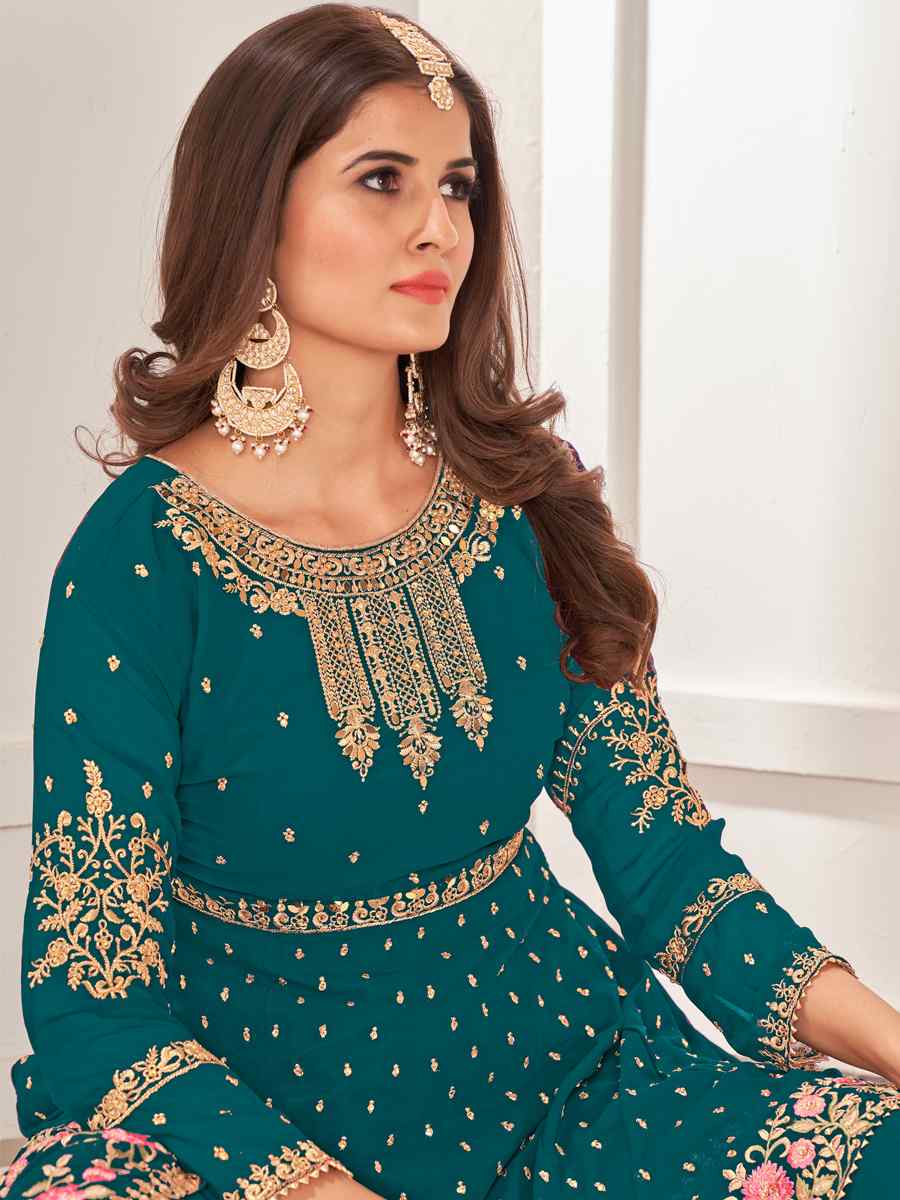 Turquoise Blooming Faux Georgatte Embroidered Festival Wedding Sharara Pant Salwar Kameez