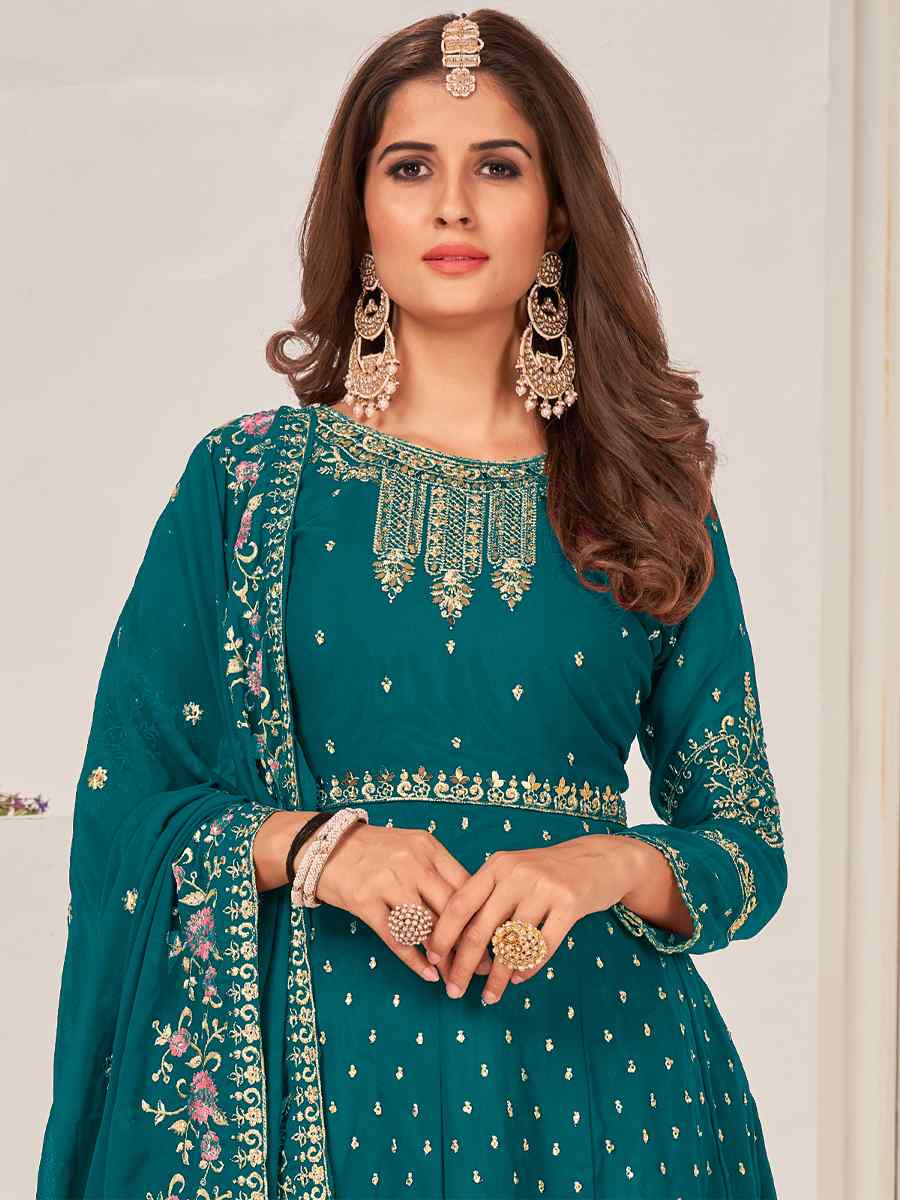 Turquoise Blooming Faux Georgatte Embroidered Festival Wedding Sharara Pant Salwar Kameez