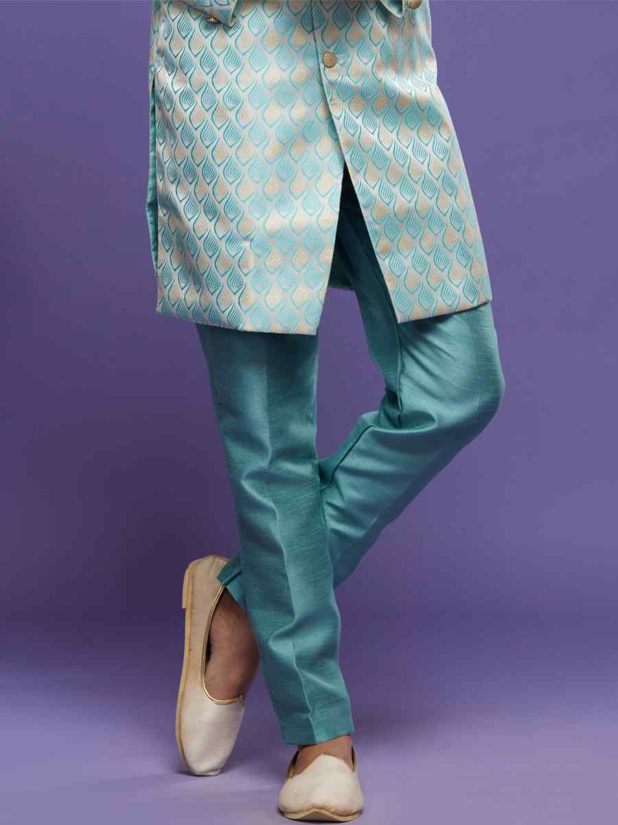 Turquoise Blue Banarasi Jacquard Woven Wedding Party Sherwani