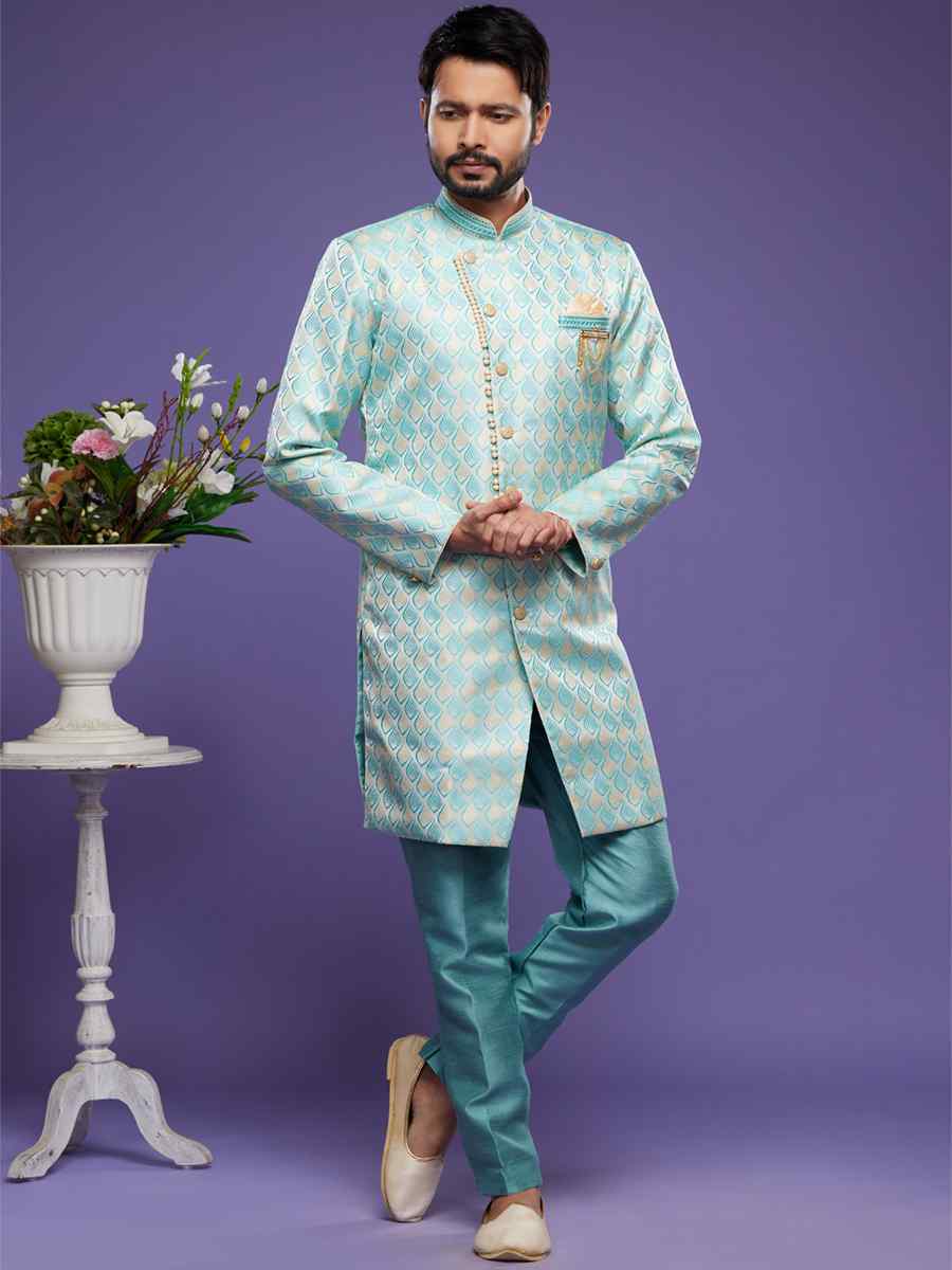 Turquoise Blue Banarasi Jacquard Woven Wedding Party Sherwani