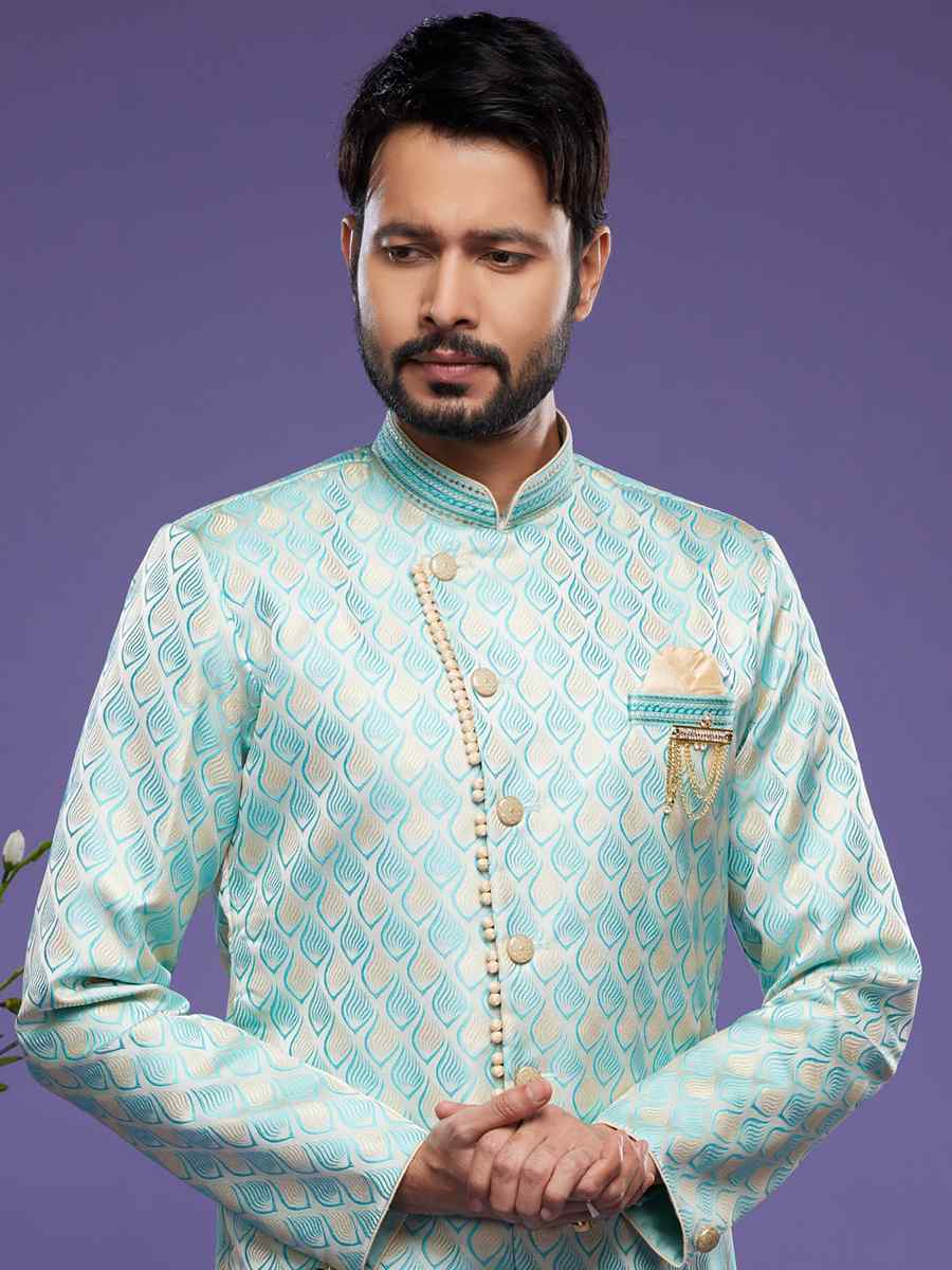 Turquoise Blue Banarasi Jacquard Woven Wedding Party Sherwani