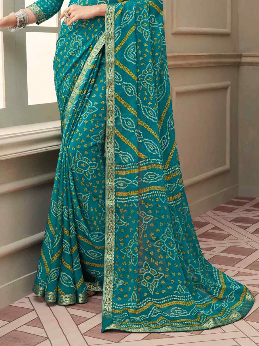 Turquoise Blue Chiffon Banarasi Bhandej Festival Party Classic Style Saree