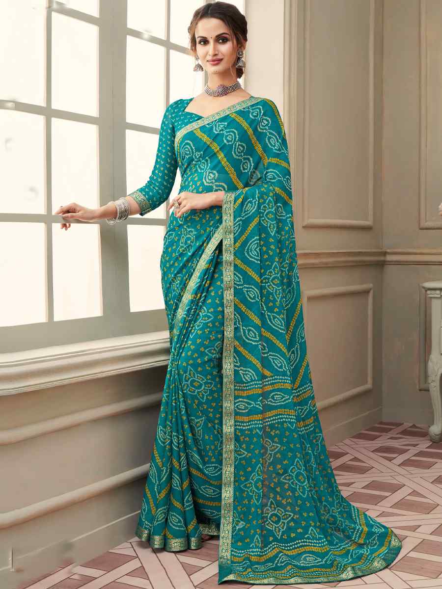 Turquoise Blue Chiffon Banarasi Bhandej Festival Party Classic Style Saree
