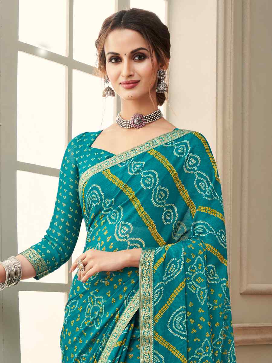 Turquoise Blue Chiffon Banarasi Bhandej Festival Party Classic Style Saree