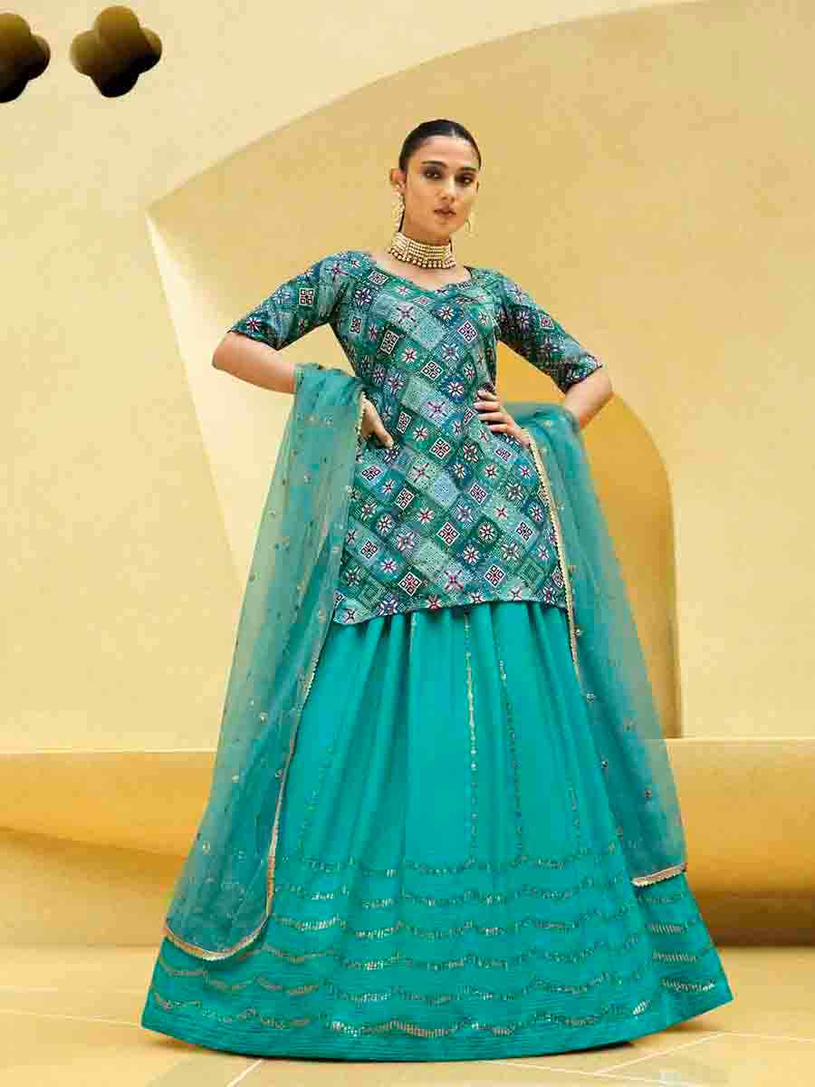 Turquoise Blue Chinon Silk Embroidered Festival Wedding Kurti Lehenga Choli