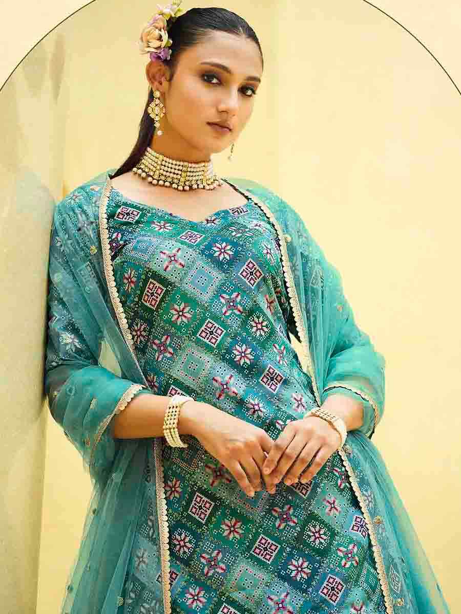 Turquoise Blue Chinon Silk Embroidered Festival Wedding Kurti Lehenga Choli
