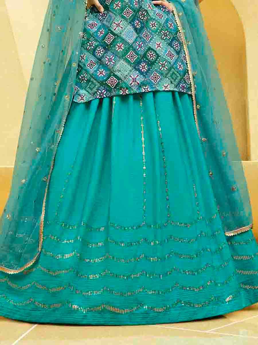 Turquoise Blue Chinon Silk Embroidered Festival Wedding Kurti Lehenga Choli