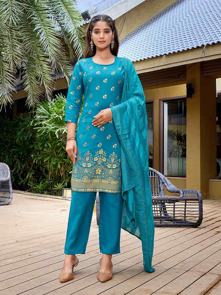 Turquoise Blue Crepe Embroidered Party Wedding Ready Pant Salwar Kameez