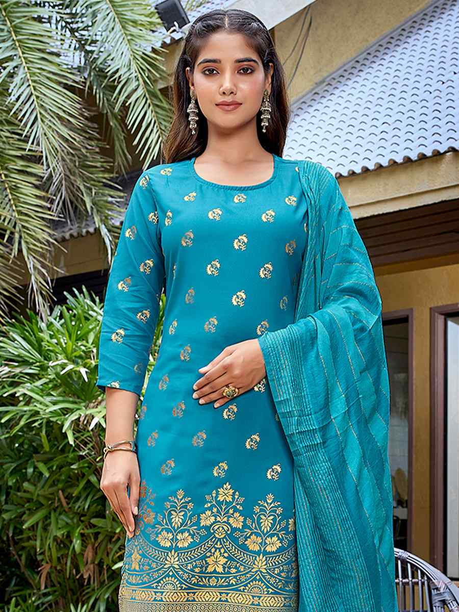 Turquoise Blue Crepe Embroidered Party Wedding Ready Pant Salwar Kameez