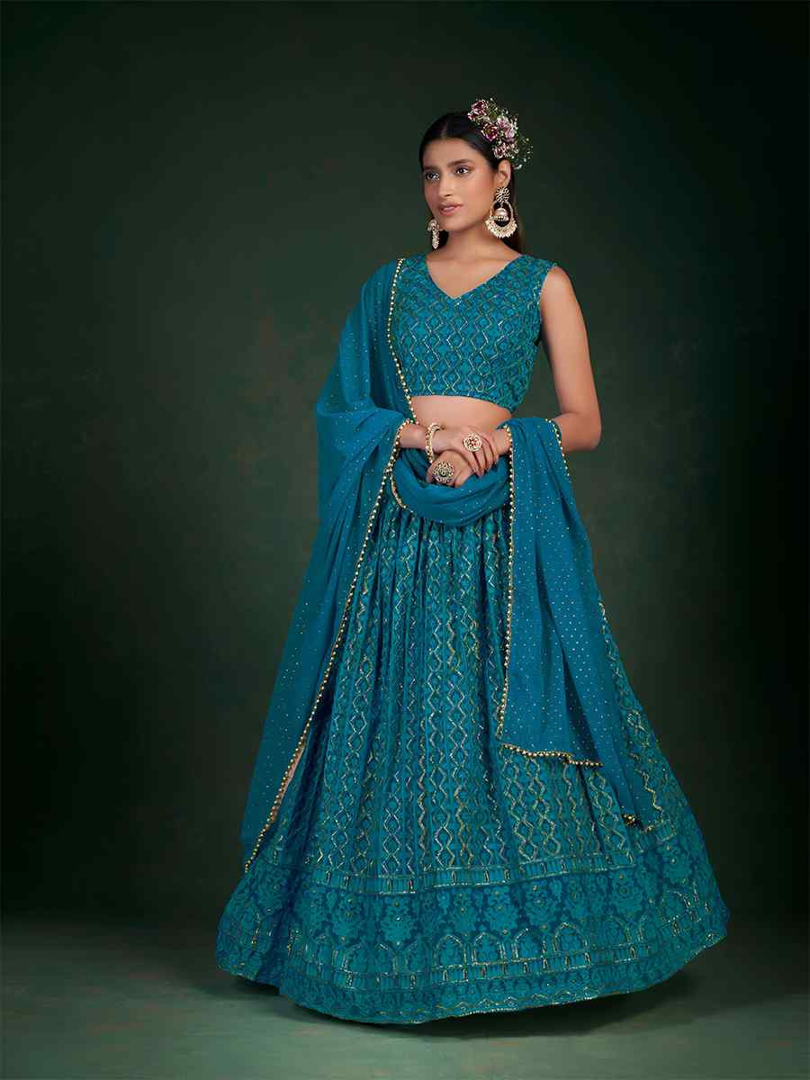 Turquoise Blue Georgette Embroidered Bridesmaid Wedding Heavy Border Lehenga Choli