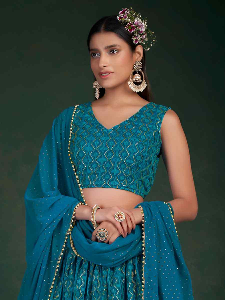 Turquoise Blue Georgette Embroidered Bridesmaid Wedding Heavy Border Lehenga Choli