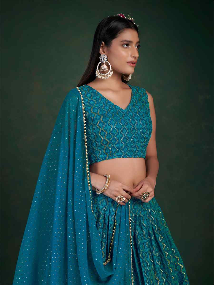 Turquoise Blue Georgette Embroidered Bridesmaid Wedding Heavy Border Lehenga Choli