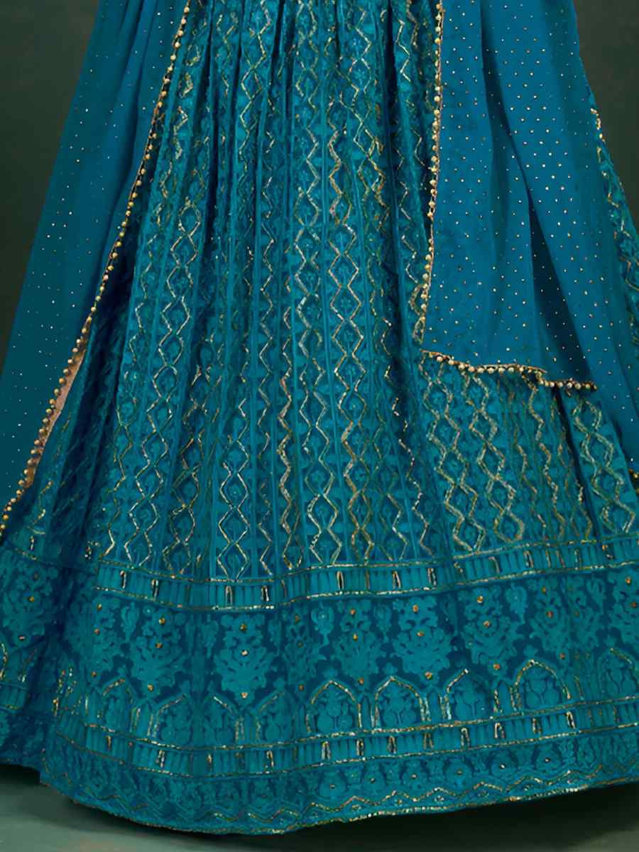 Turquoise Blue Georgette Embroidered Bridesmaid Wedding Heavy Border Lehenga Choli