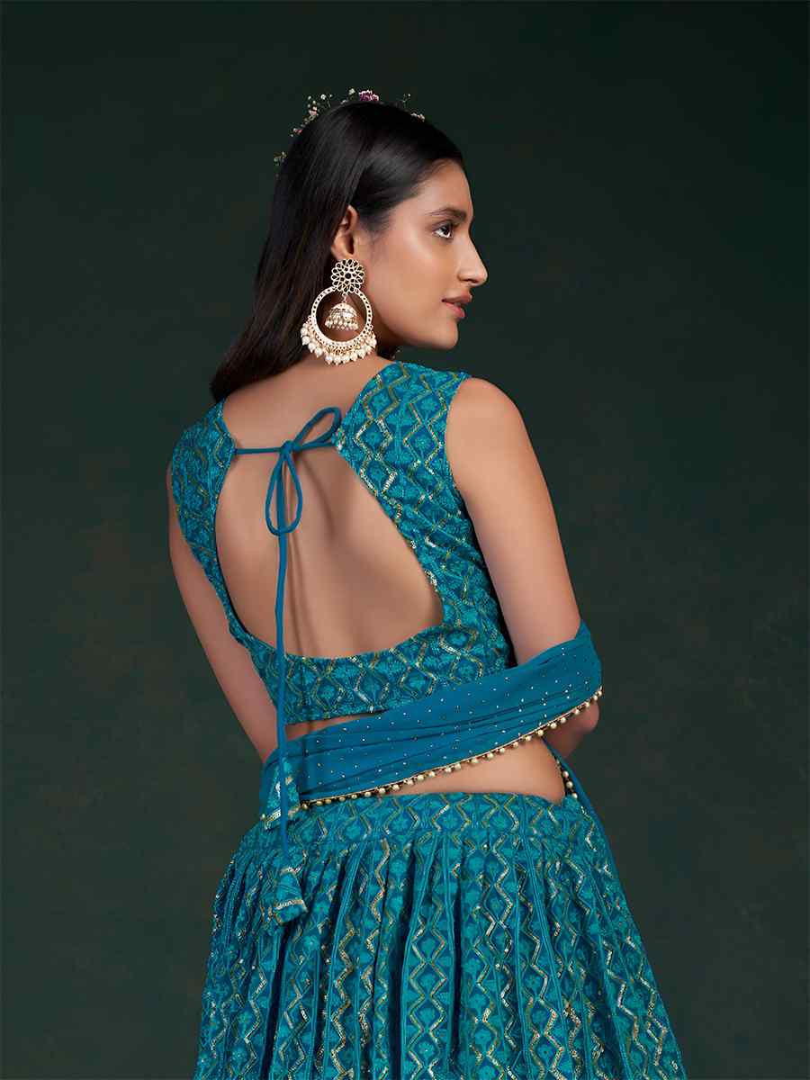 Turquoise Blue Georgette Embroidered Bridesmaid Wedding Heavy Border Lehenga Choli