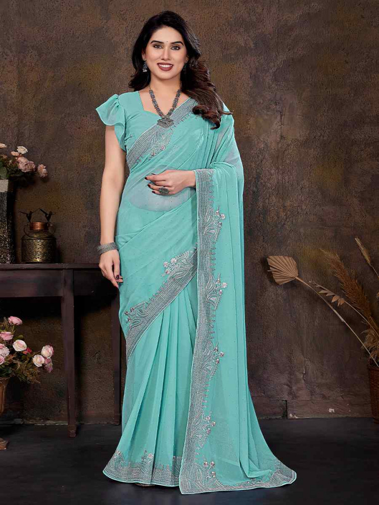 Turquoise Blue Georgette Embroidered Festival Wedding Fancy Heavy Border Saree