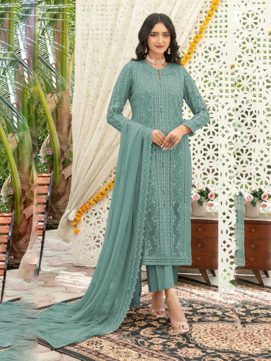 Turquoise Blue Heavy Chiffon Embroidery Wedding Party Festival Casual Palazzo Pant Salwar Kameez