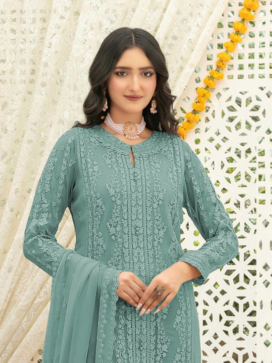 Turquoise Blue Heavy Chiffon Embroidery Wedding Party Festival Casual Palazzo Pant Salwar Kameez