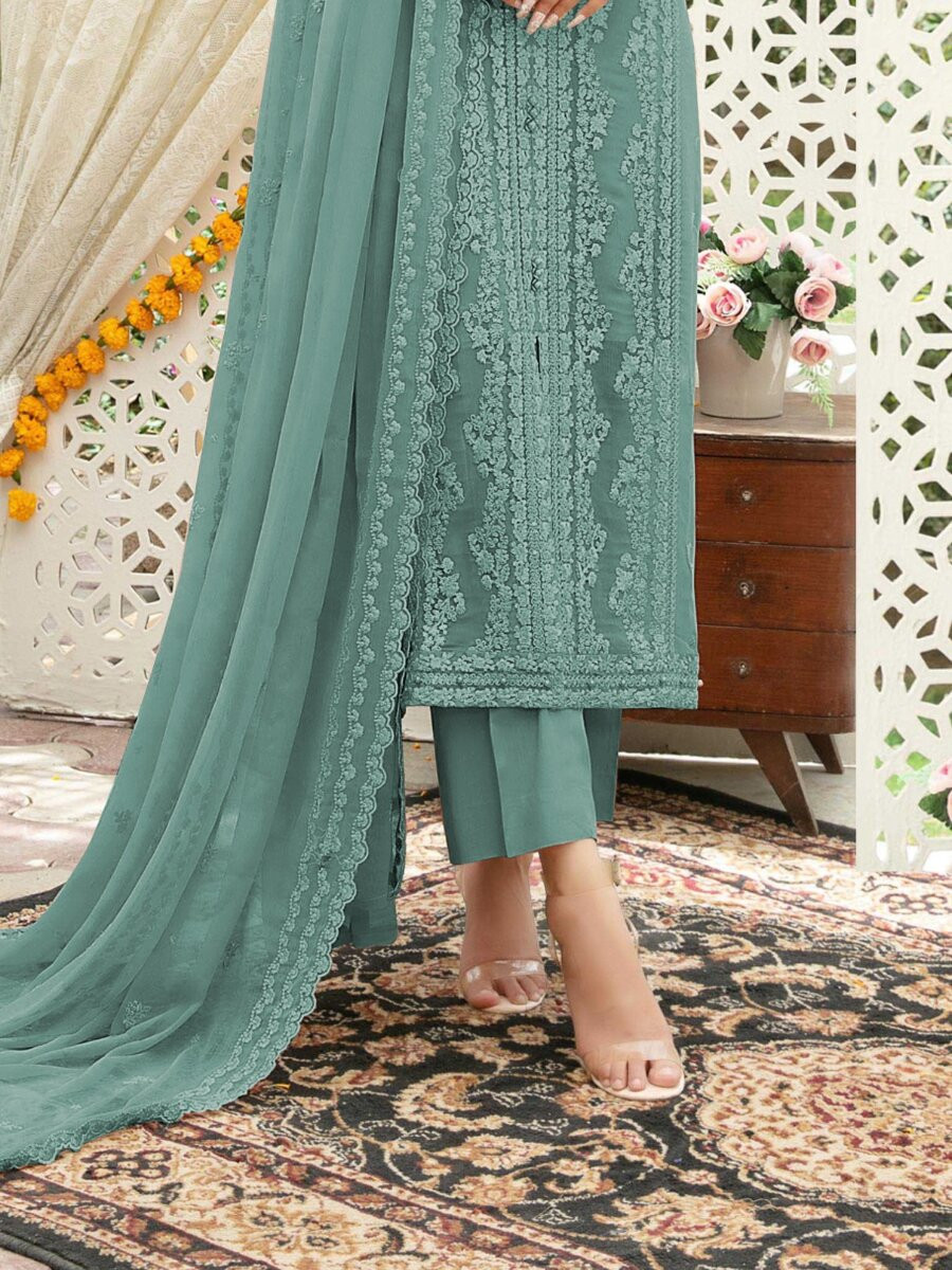 Turquoise Blue Heavy Chiffon Embroidery Wedding Party Festival Casual Palazzo Pant Salwar Kameez