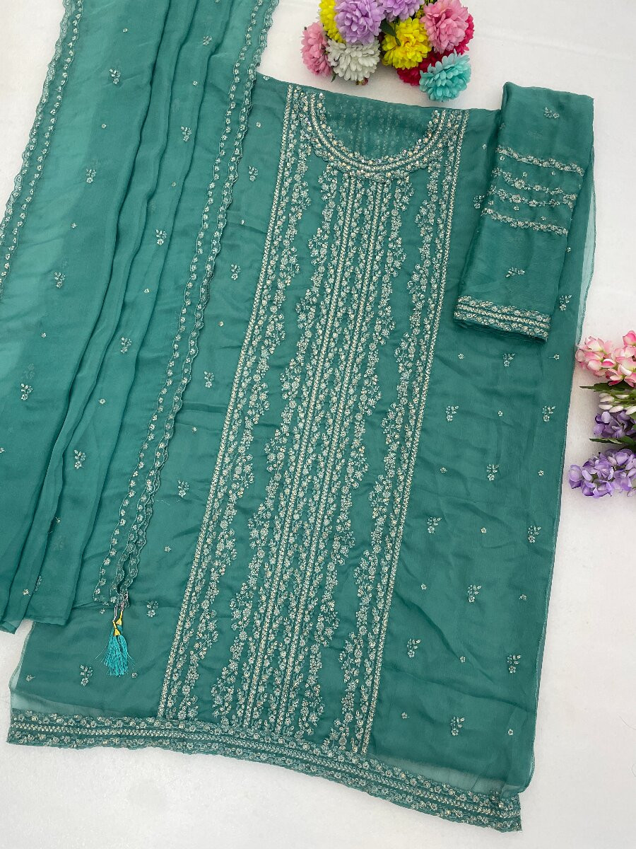 Turquoise Blue Heavy Chiffon Embroidery Wedding Party Festival Casual Palazzo Pant Salwar Kameez