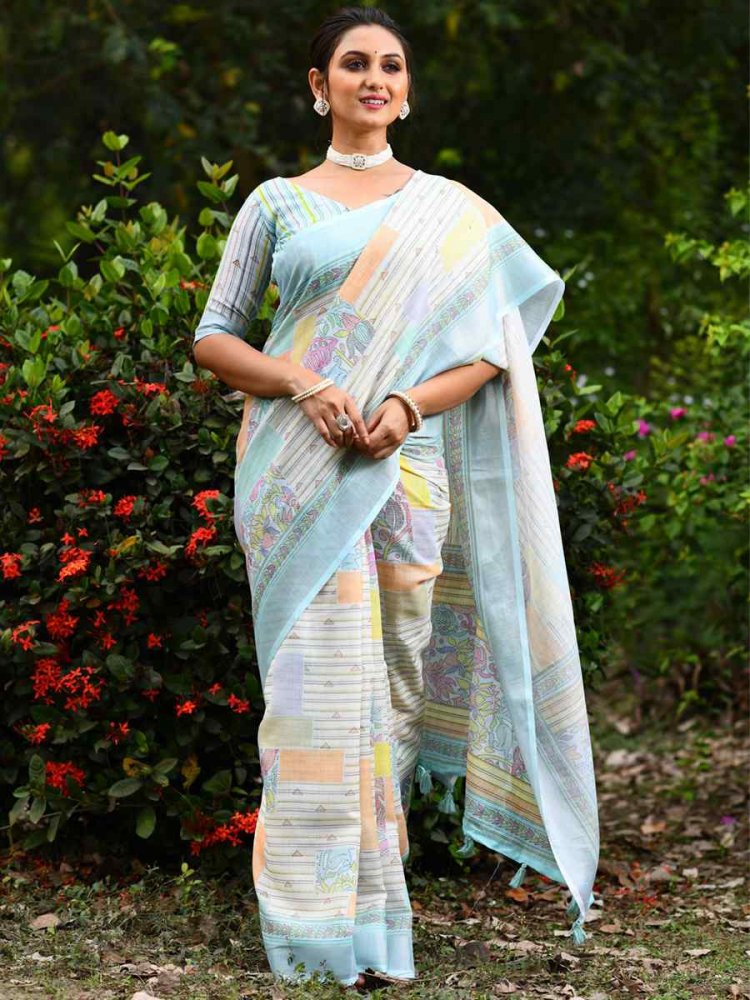 Turquoise Blue Linen Handwoven Casual Festival Classic Style Saree