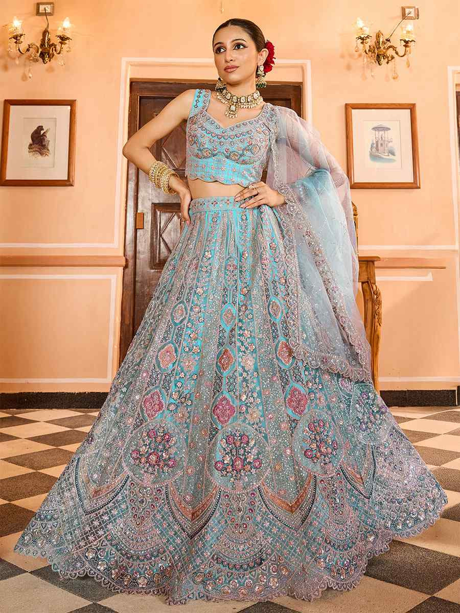 Turquoise Blue Net Embroidered Wedding Reception Festival Heavy Border Lehenga Choli