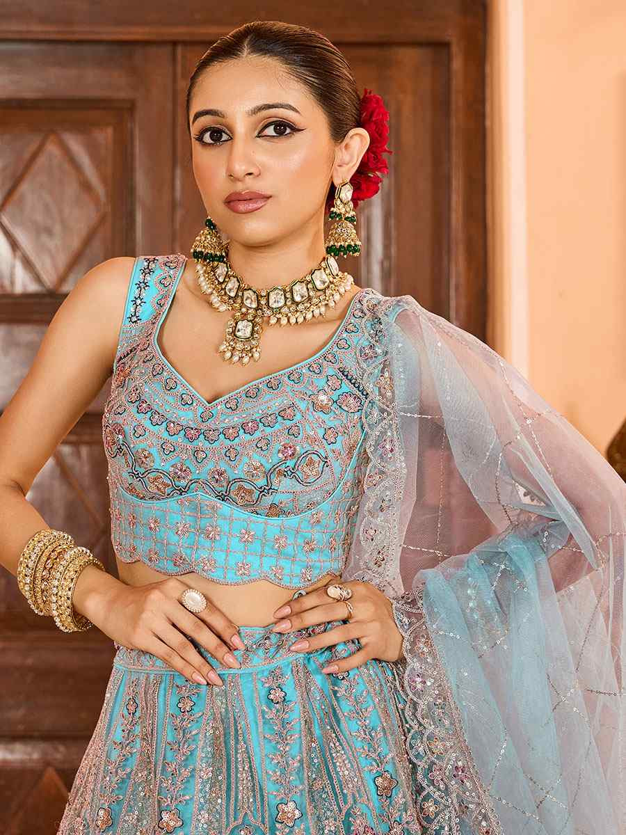 Turquoise Blue Net Embroidered Wedding Reception Festival Heavy Border Lehenga Choli