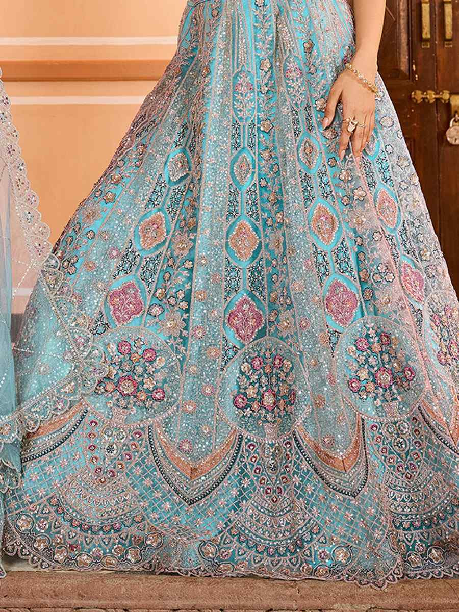 Turquoise Blue Net Embroidered Wedding Reception Festival Heavy Border Lehenga Choli