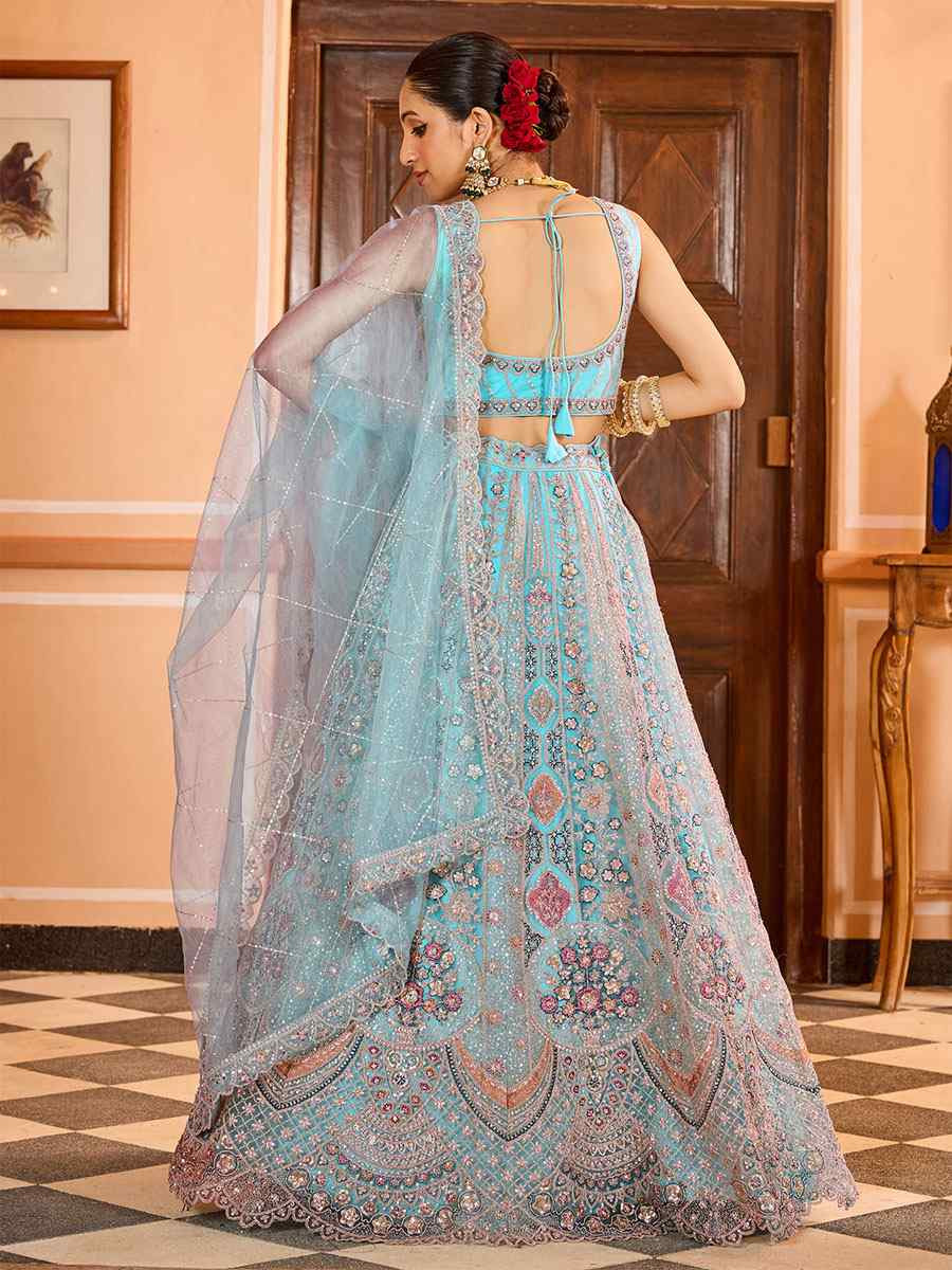 Turquoise Blue Net Embroidered Wedding Reception Festival Heavy Border Lehenga Choli