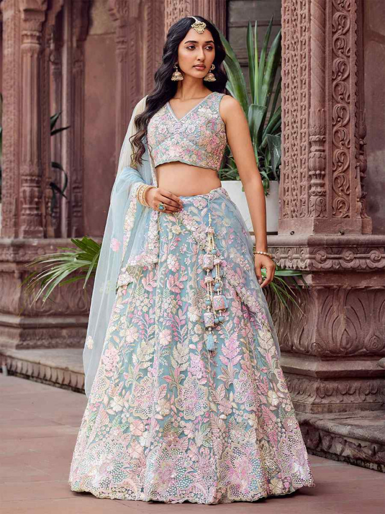 Image of Turquoise Blue Net Embroidered Wedding Reception Festival Heavy Border Lehenga Choli