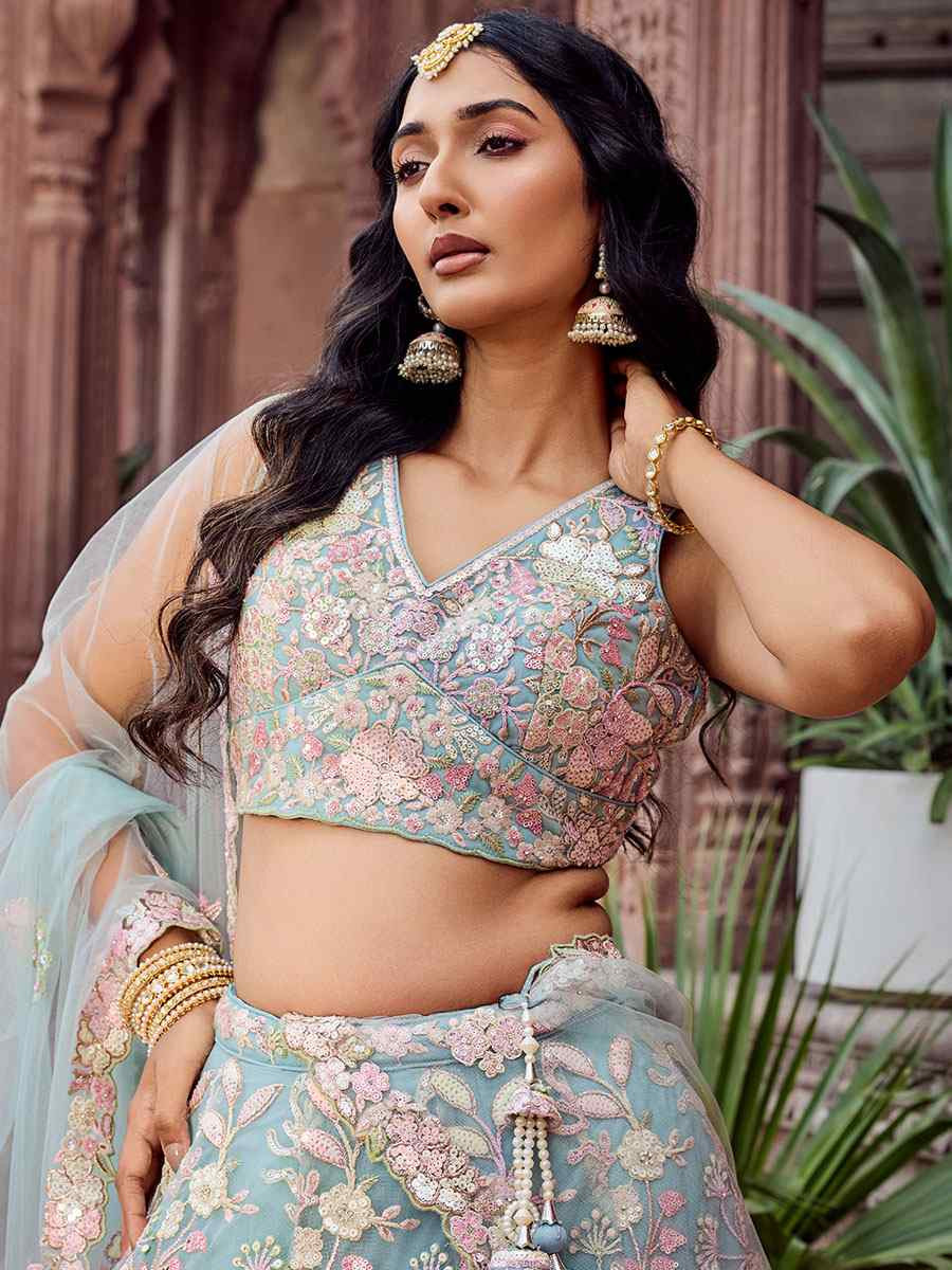 Turquoise Blue Net Embroidered Wedding Reception Festival Heavy Border Lehenga Choli
