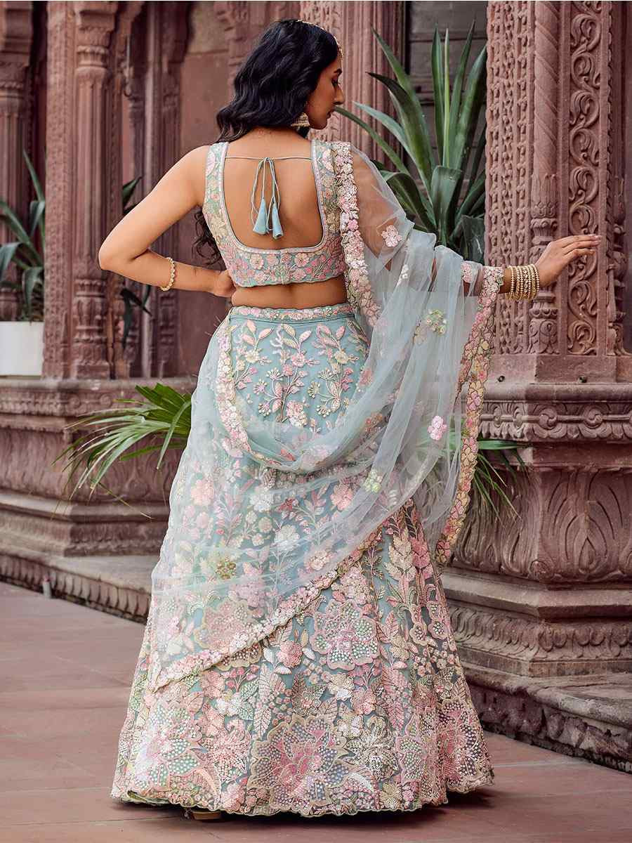 Turquoise Blue Net Embroidered Wedding Reception Festival Heavy Border Lehenga Choli