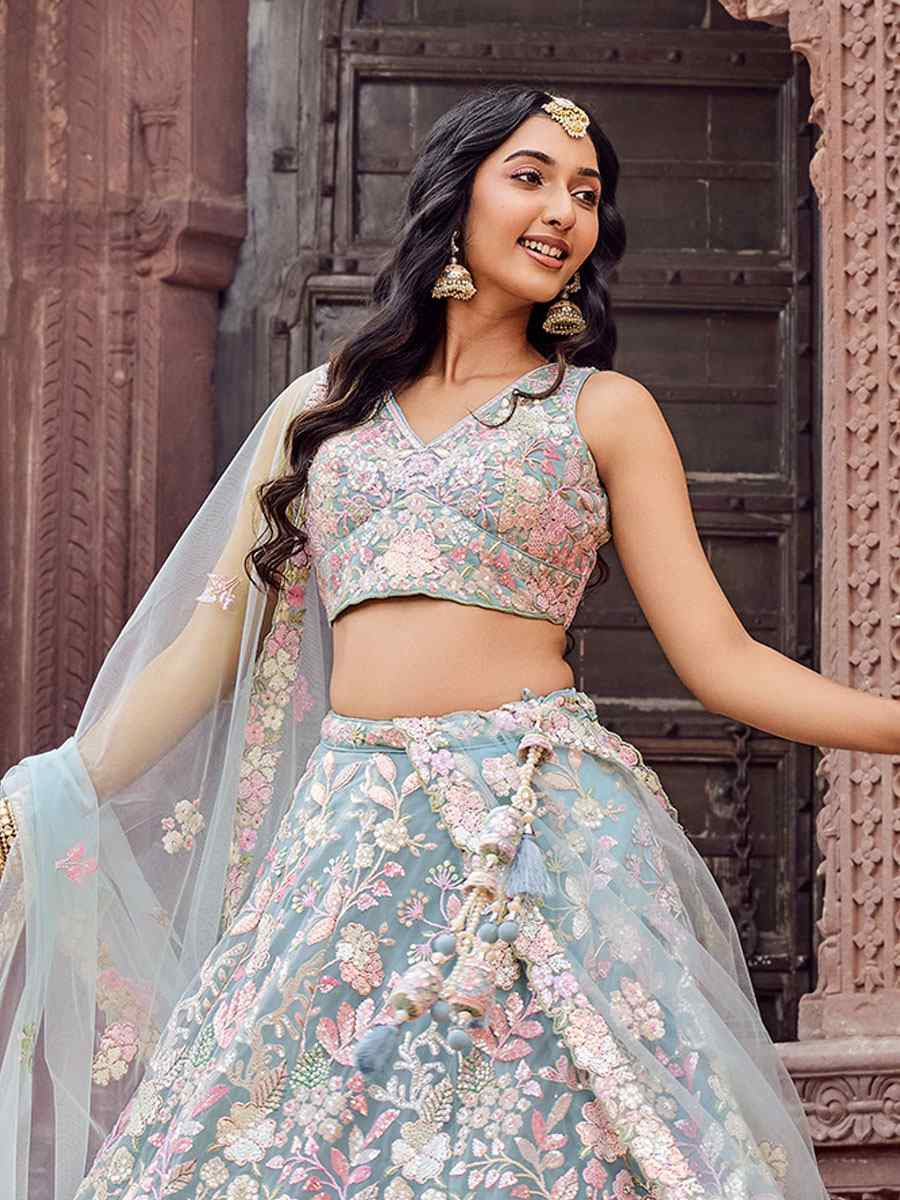 Turquoise Blue Net Embroidered Wedding Reception Festival Heavy Border Lehenga Choli