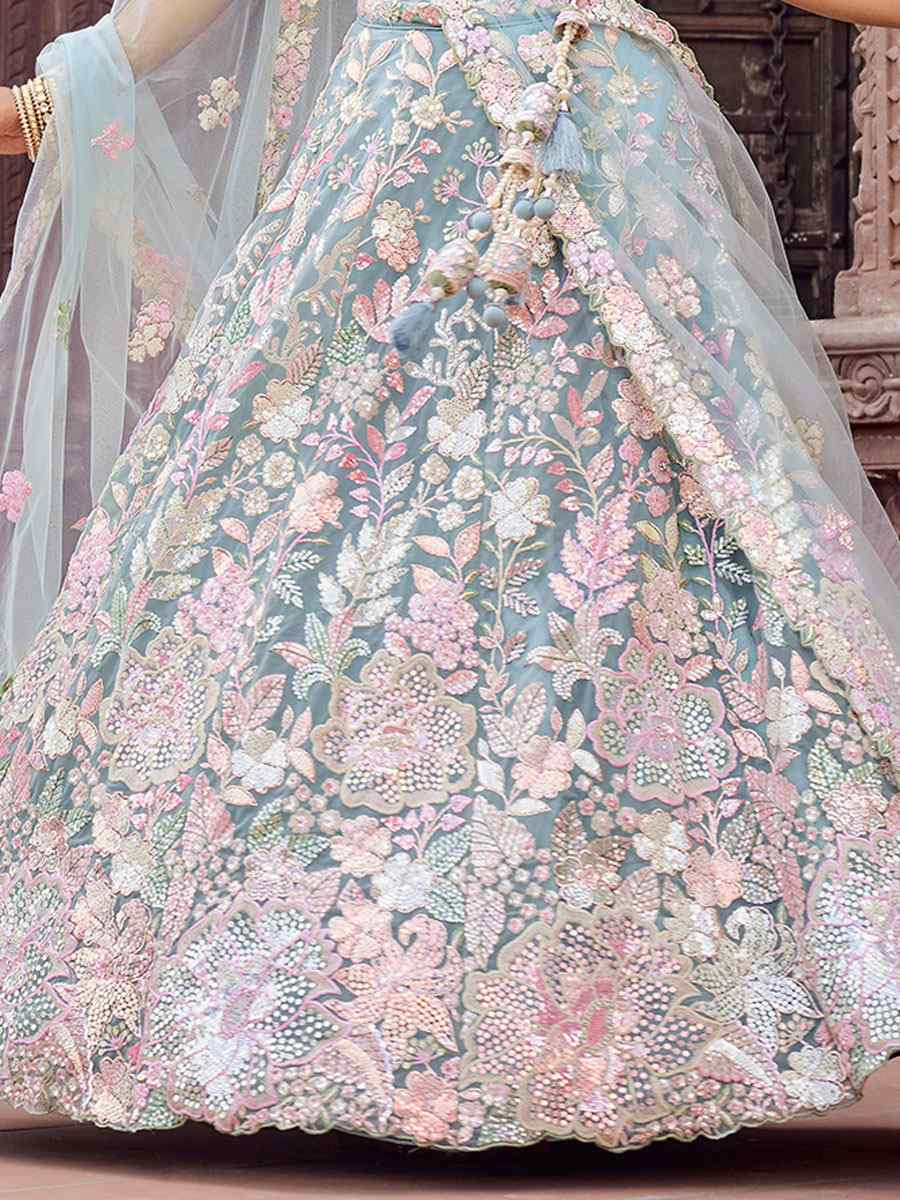 Turquoise Blue Net Embroidered Wedding Reception Festival Heavy Border Lehenga Choli