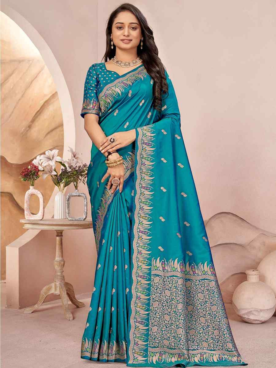 Turquoise Blue Silk Embroidered Festival Wedding Fancy Heavy Border Saree