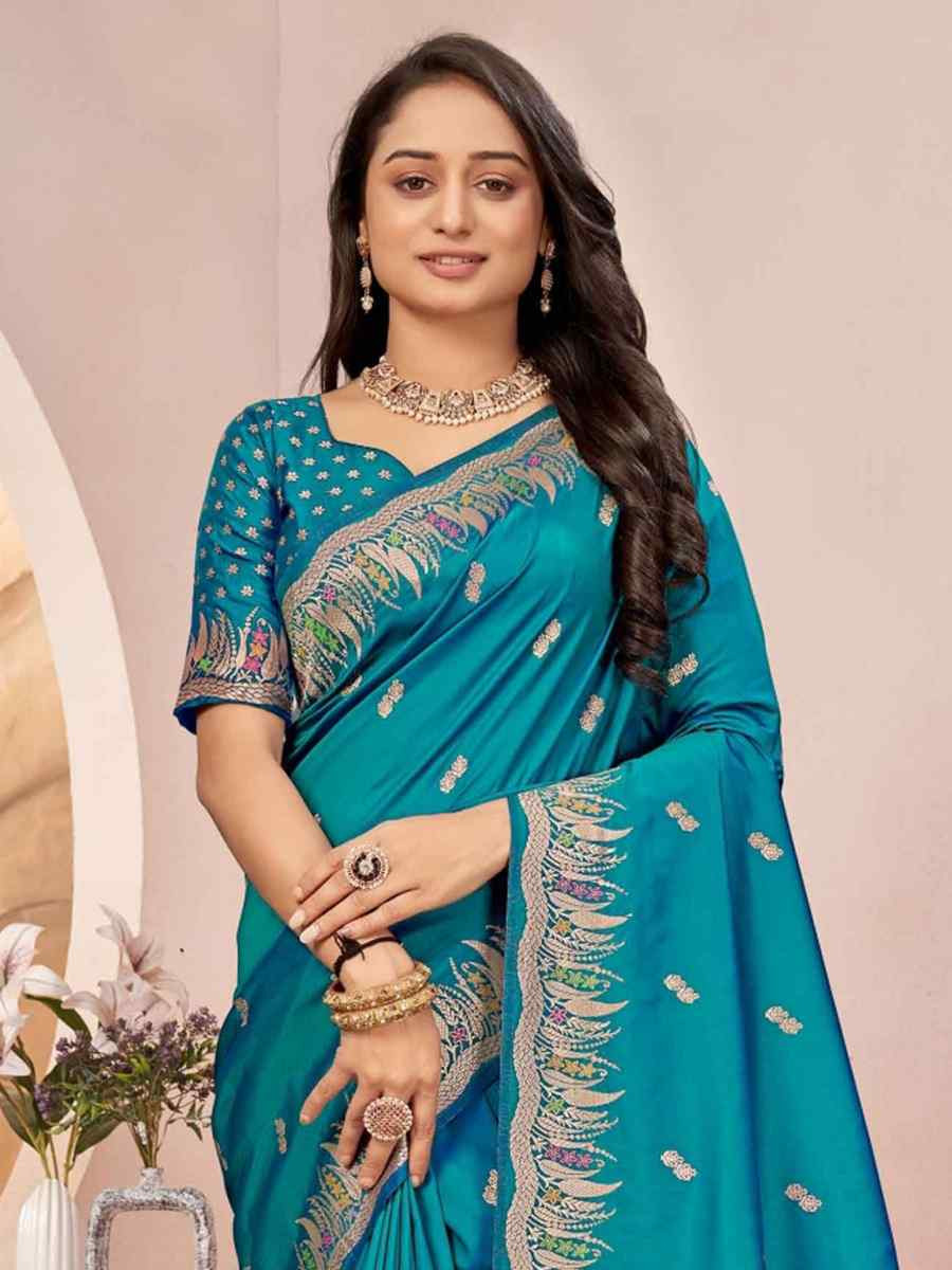Turquoise Blue Silk Embroidered Festival Wedding Fancy Heavy Border Saree