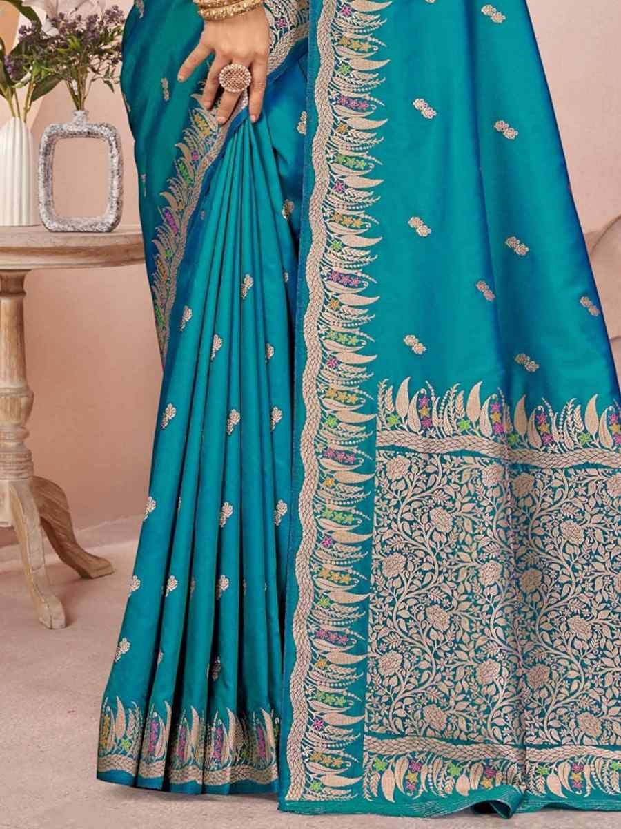 Turquoise Blue Silk Embroidered Festival Wedding Fancy Heavy Border Saree