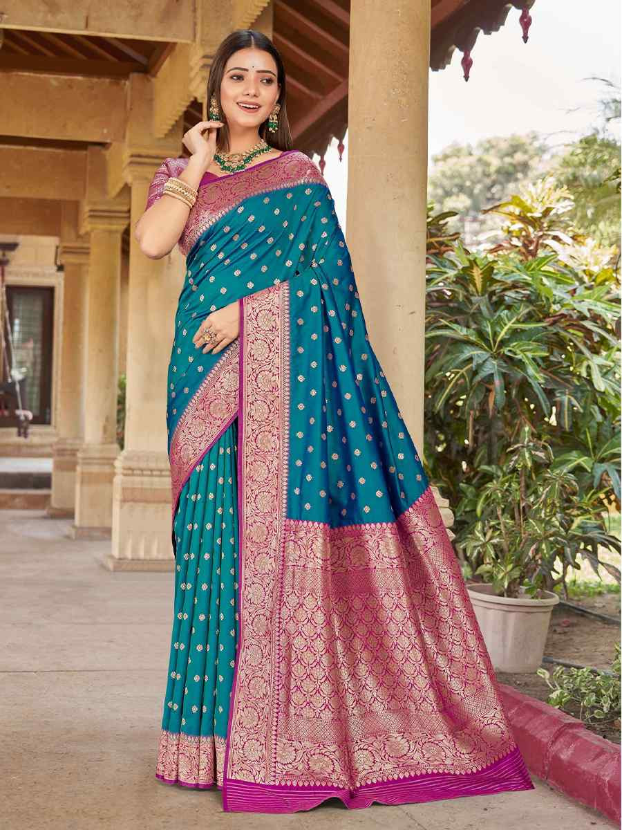 Turquoise Blue Silk Handwoven Festival Wedding Fancy Heavy Border Saree