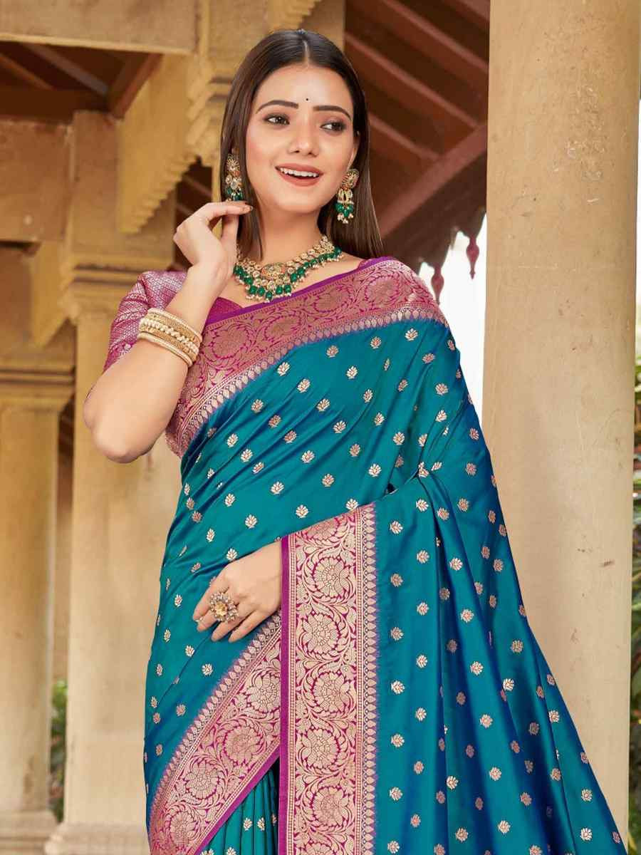 Turquoise Blue Silk Handwoven Festival Wedding Fancy Heavy Border Saree