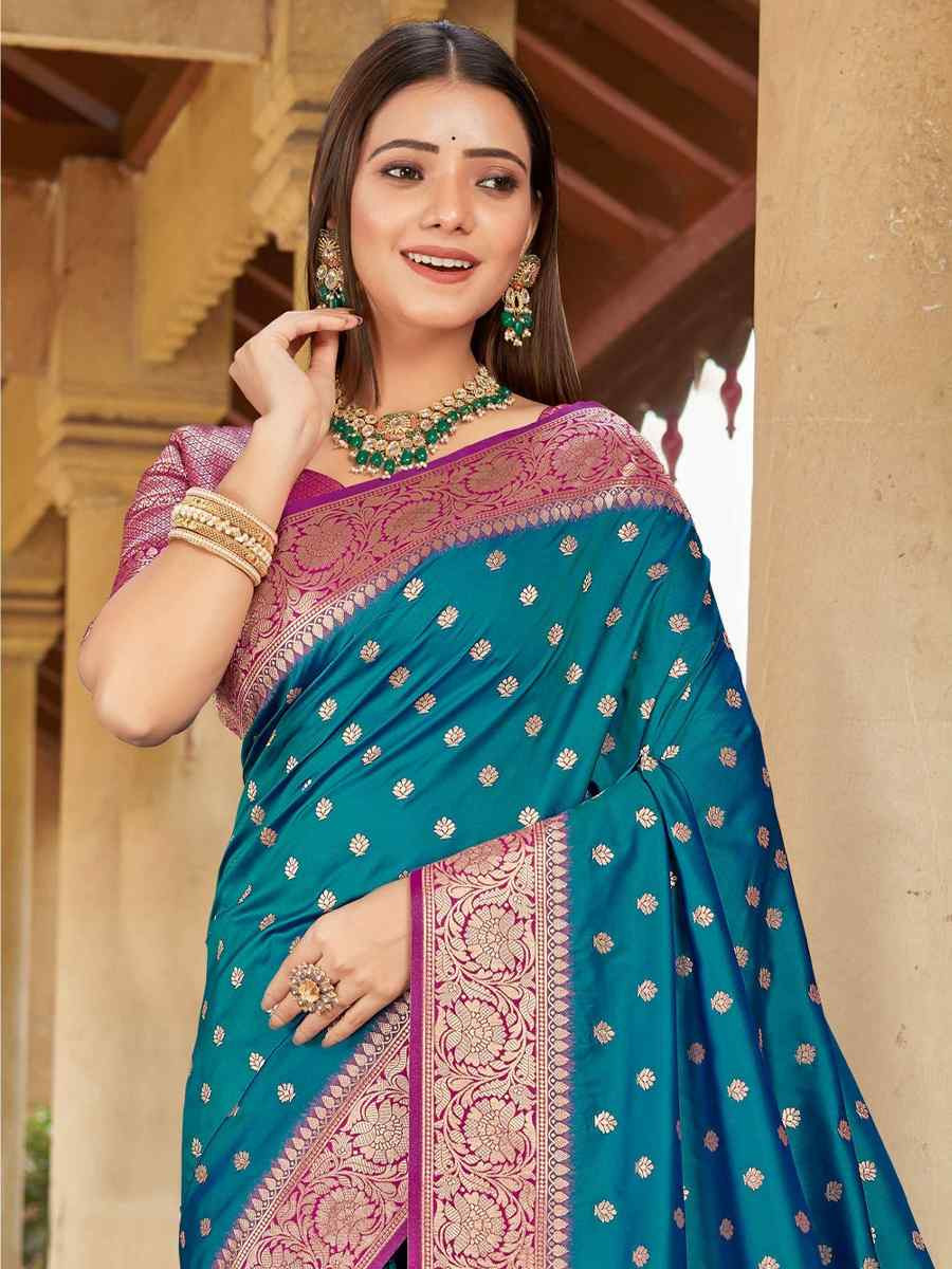 Turquoise Blue Silk Handwoven Festival Wedding Fancy Heavy Border Saree