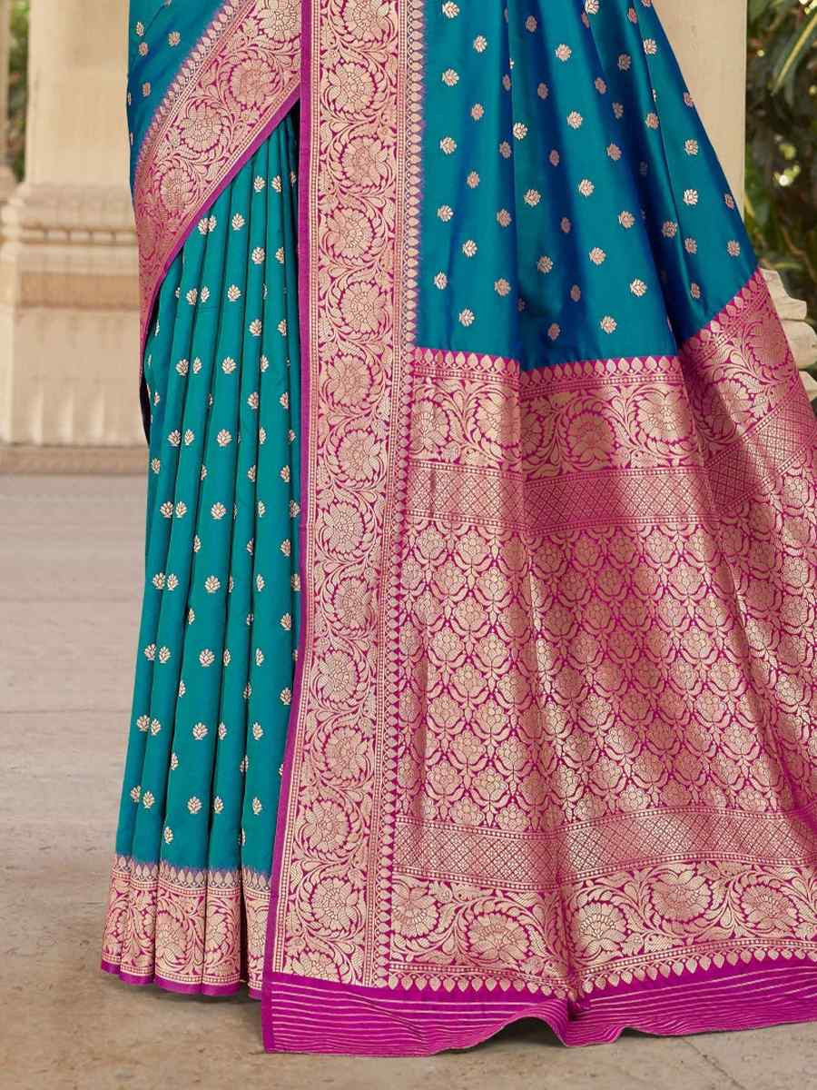Turquoise Blue Silk Handwoven Festival Wedding Fancy Heavy Border Saree