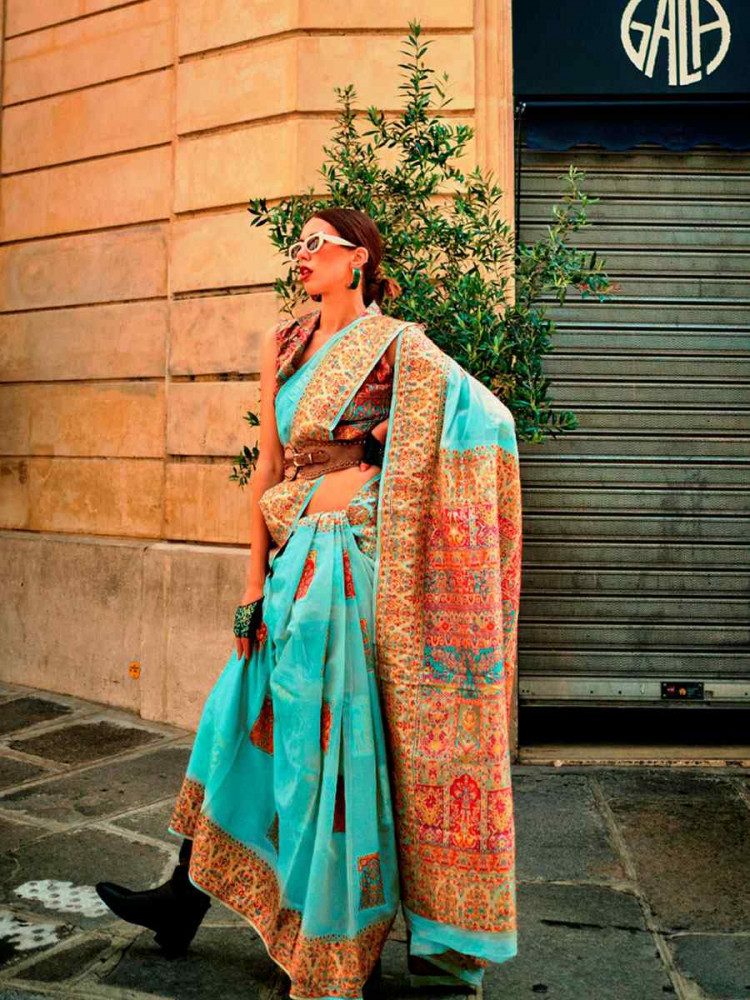 Image of Turquoise Blue Silk Handwoven Traditional Bridal Reception Festival Wedding Fancy Heavy Border Saree