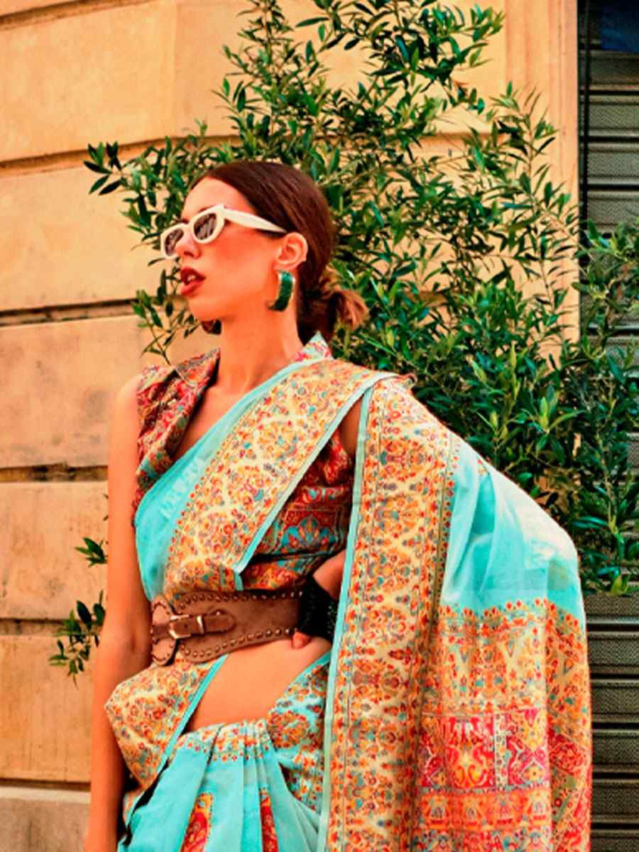 Turquoise Blue Silk Handwoven Traditional Bridal Reception Festival Wedding Fancy Heavy Border Saree