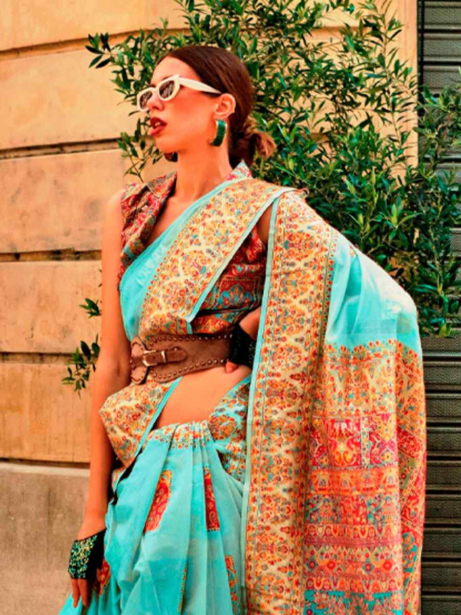 Turquoise Blue Silk Handwoven Traditional Bridal Reception Festival Wedding Fancy Heavy Border Saree